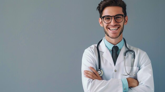 Улыбающийся доктор с очками и стетоскопом на шее