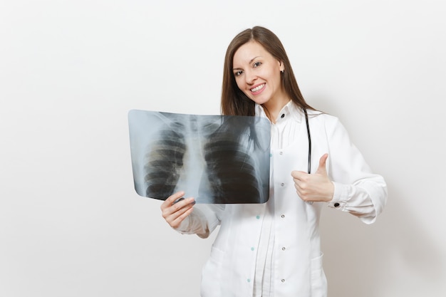 Smiling doctor woman show thumb up with X-ray of lungs fluorography roentgen isolated on white background. Female doctor in medical gown stethoscope. Healthcare personnel, medicine concept. Pneumonia.