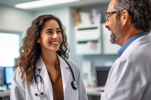 Photo smiling doctors in a friendly discussion within a clinical setting