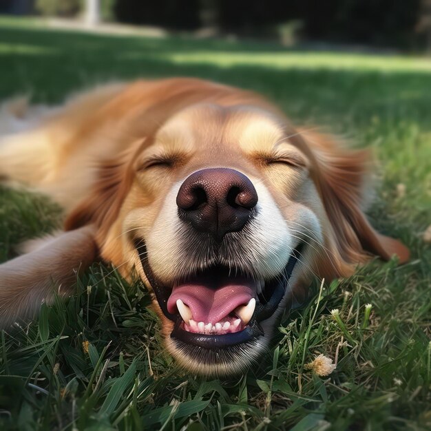 草の上に横たわっている笑顔の犬