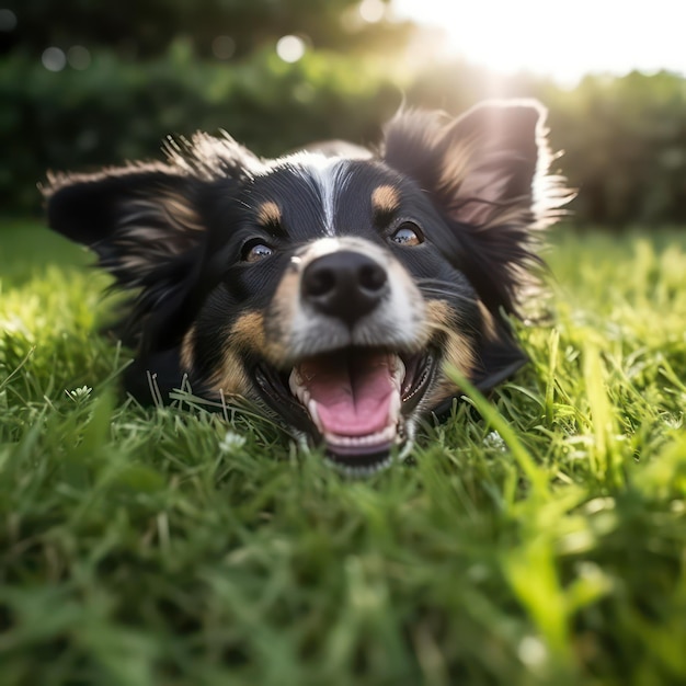 草の上に横たわっている笑顔の犬