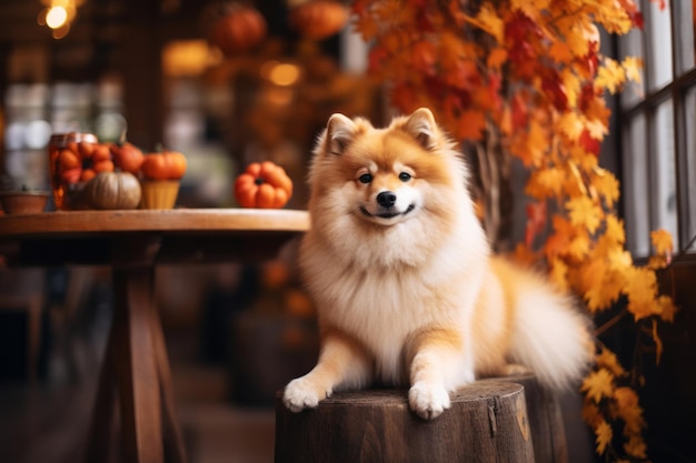 ハロウィーンの休日の装飾でカフェに座っている笑顔の犬秋の葉が背景に残っています