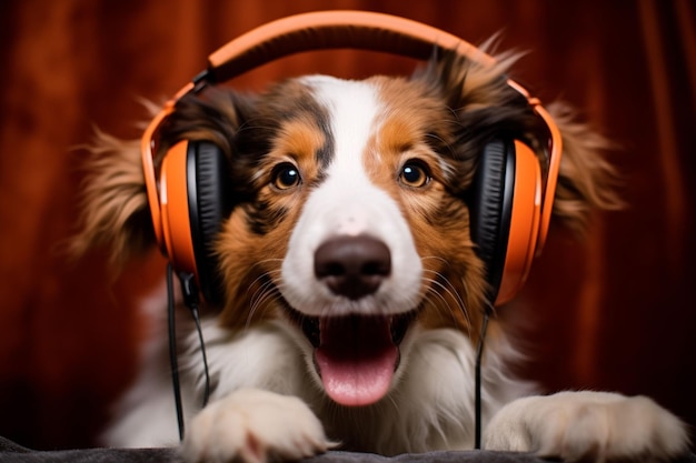 a smiling dog wearing headphones