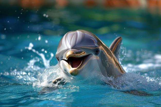 Foto delfino sorridente in acqua blu delfino e umano