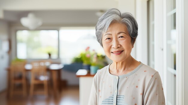 따뜻 하고 환영적 인 표정 으로 집 에서 미소 짓는 아시아 여성