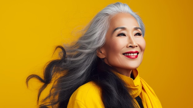 Smiling elderly chic Asian woman with gray long hair and perfect skin a yellow background banner