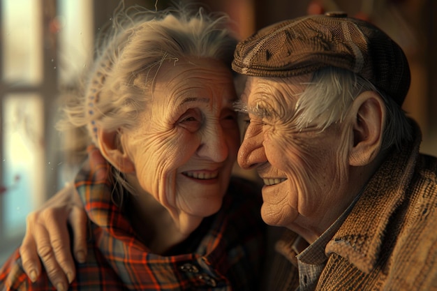 A smiling elderly couple sharing a tender moment o