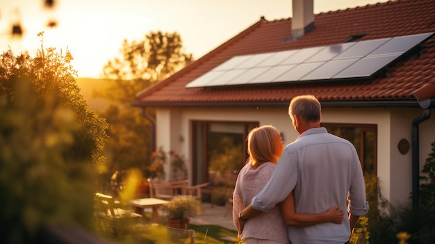 Smiling elderly couple standing in front of their cottage in the evening