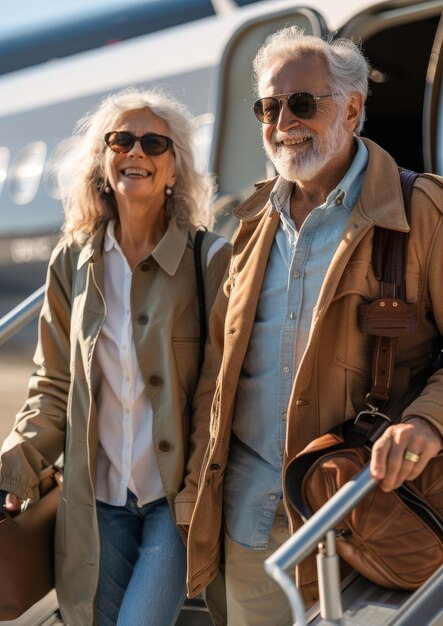 Smiling elderly couple of travelers getting off the plane