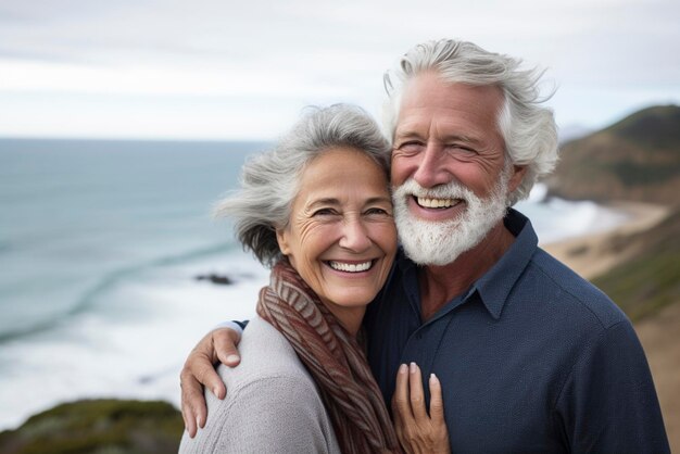 Smiling elderly couple traveling around the world taking photos with the ocean in the background