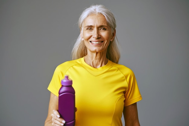 黄色のTシャツを着て手に紫のスポーツボトルを持った笑顔の年配のヨーロッパ人女性
