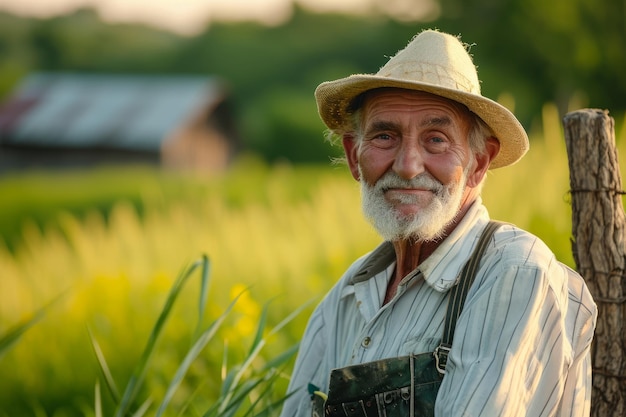 Smiling elderly farmer in overalls and straw hat leaning on a fence with green fields in the background