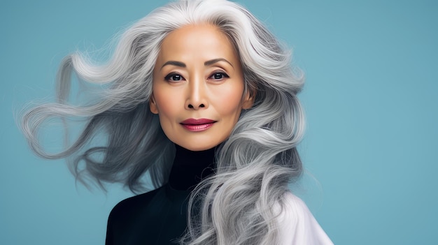 Smiling elderly gorgeous asian woman gray long hair and perfect skin on a blue background banner