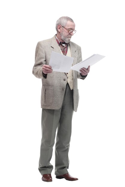 Smiling elderly man reading a business document.