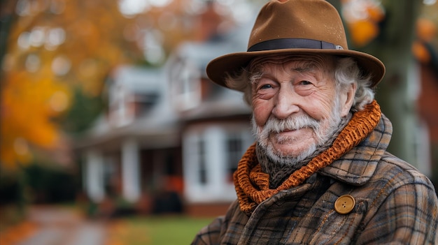 Улыбающийся пожилой человек в шляпе и шарфе осенью