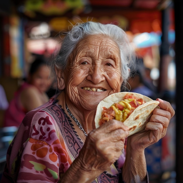 Foto una vecchia messicana sorridente si sta godendo un taco all'aperto