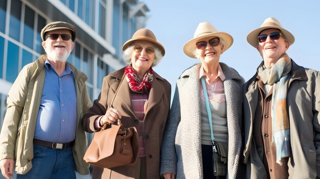 Photo smiling elderly people on a trip on a sunny day wearing hats and sunglasses