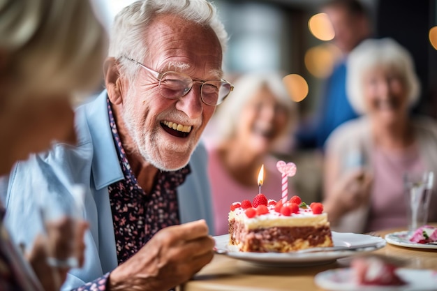 Smiling elderly person celebrating birthday with cake generative ai