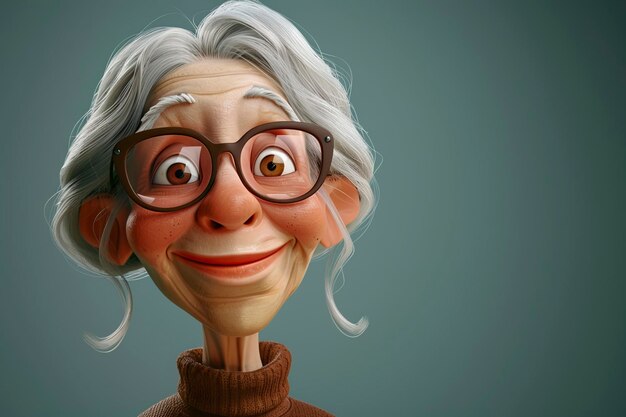 Photo smiling elderly woman in glasses and sweater illustration cartoon