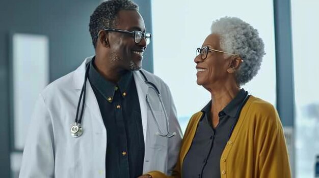 Photo smiling elderly woman interacting with a male doctor in a hospital or clinic hallway