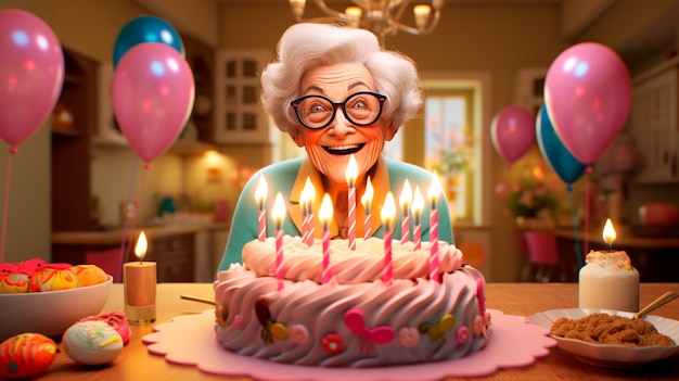 Smiling elderly woman sitting in front of a cake with candles