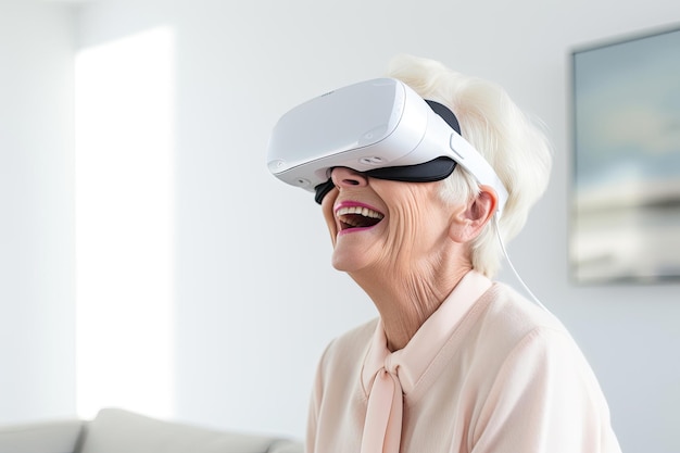 Smiling elderly woman wearing vr headset at home