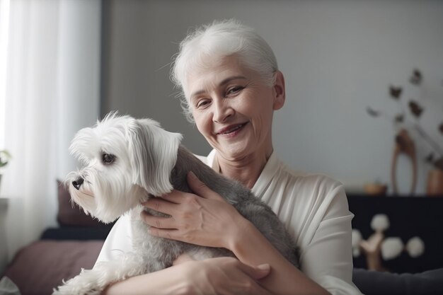 Smiling elderly woman with dog