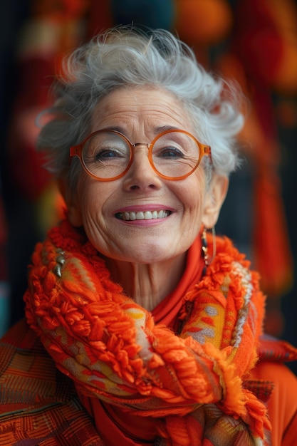 Donna anziana sorridente con i capelli grigi e gli occhiali arancione