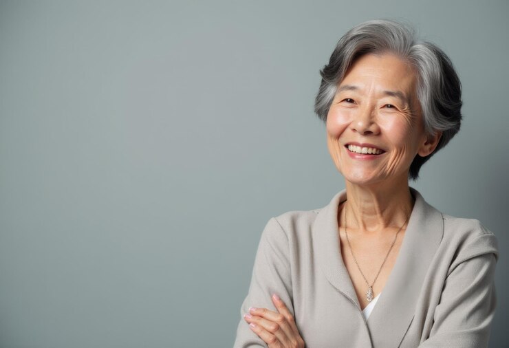 Photo smiling elderly woman with short gray hair wearing a gray sweater