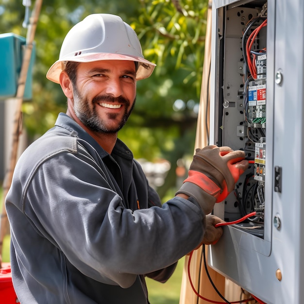 Premium AI Image Smiling electrician working on the switchboard