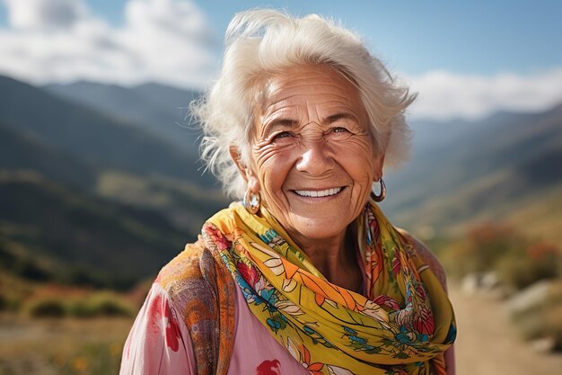 Smiling elegant elderly old woman on the background of the mountains