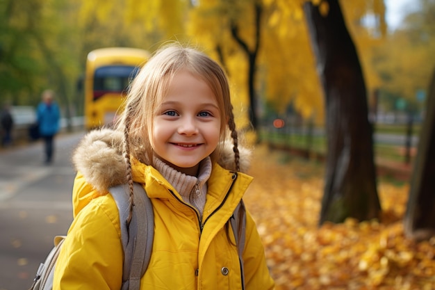 笑顔の小学校生の女の子が学習と楽しみの1日のために学校バスに乗る準備ができています