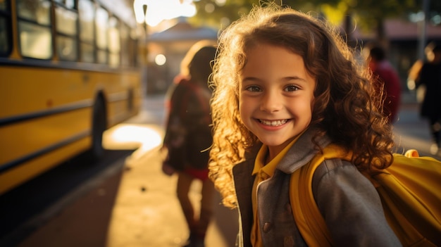 Smiling elementary student girl smiling and ready to board school bus