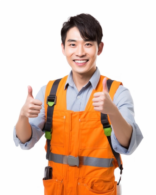 Smiling engineer man giving thumbs up wearing orange protective vest on isolated white background