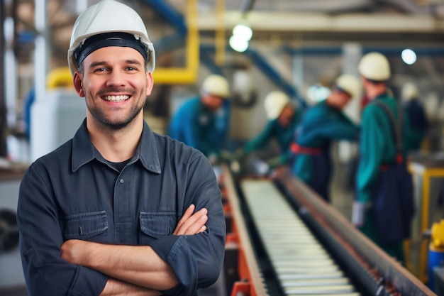 Smiling engineer with arms crossed a conveyor belt and workers in motion behind