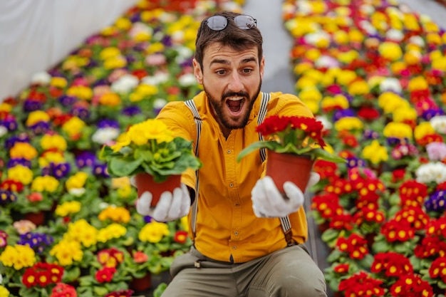 Smiling entrepreneur crouching in greenhouse and offering flowers as gift.