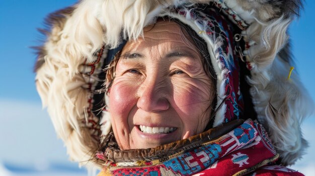 Smiling Eskimo woman wearing traditional clothing in wind against clear blue sky