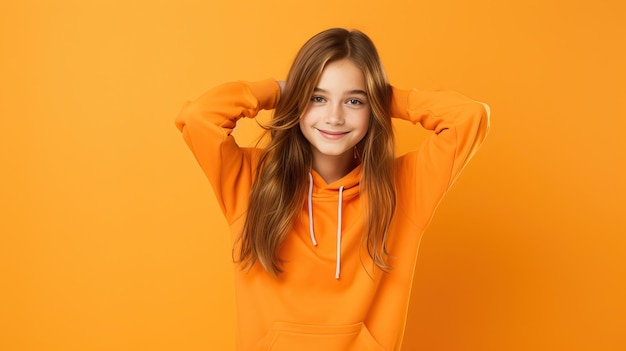 Photo smiling european girl in orange hoodie against orange background