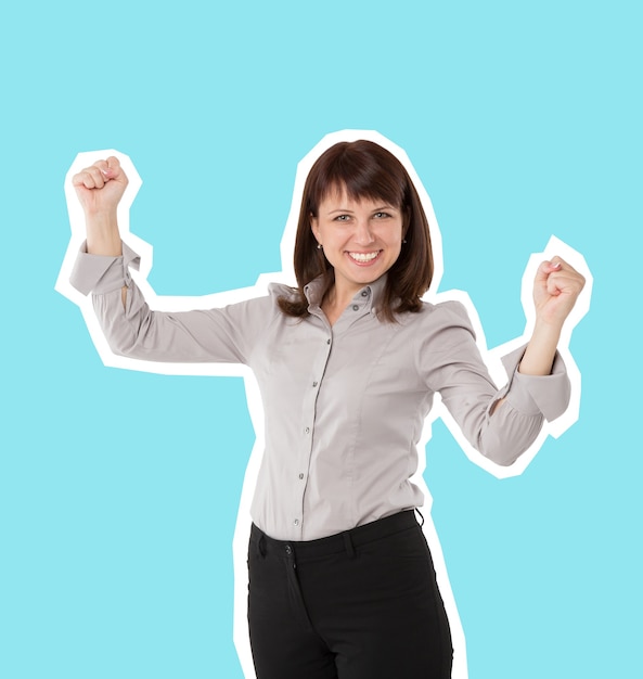 Smiling and excited young woman showing happiness and success magazine style isolated