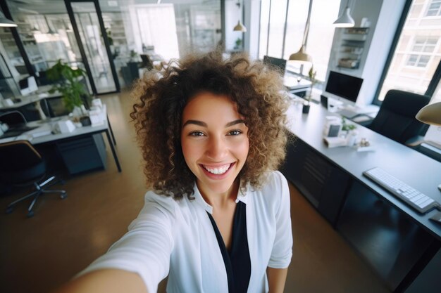 Photo smiling executive in modern office selfportrait