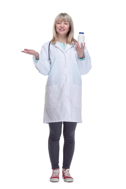 Smiling expert doctor with hand antiseptic isolated on a white background