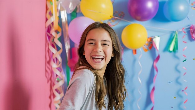 Photo smiling expression young teen girl posing on pink wall background decorated