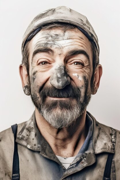 Smiling face covered in soil on white background