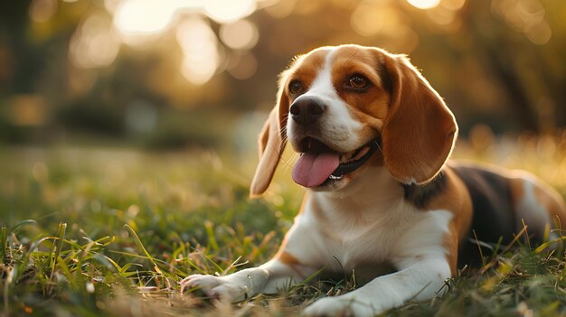 Smiling face cute lovely Beagle lying on the grass in a Summer park Funny lovely pet dog