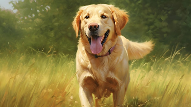 Smiling face of golden retriever dog in the garden with flower background