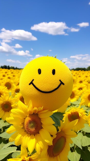 Foto faccina sorridente su un girasole in un campo di girasoli ai generativa