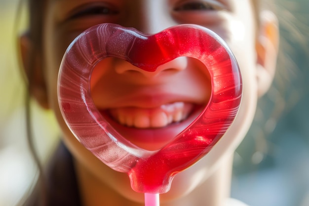Smiling face through heartshaped lollipop