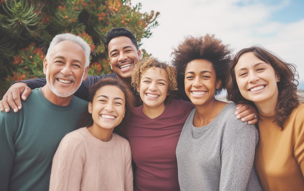 Smiling Faces Multigenerational Group of Friends Outdoors