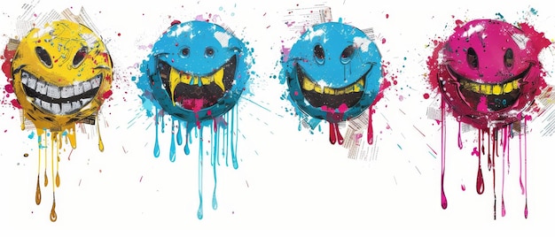 Smiling faces painted with spray paint Modern illustration isolated on white background with four graffiti emoticons
