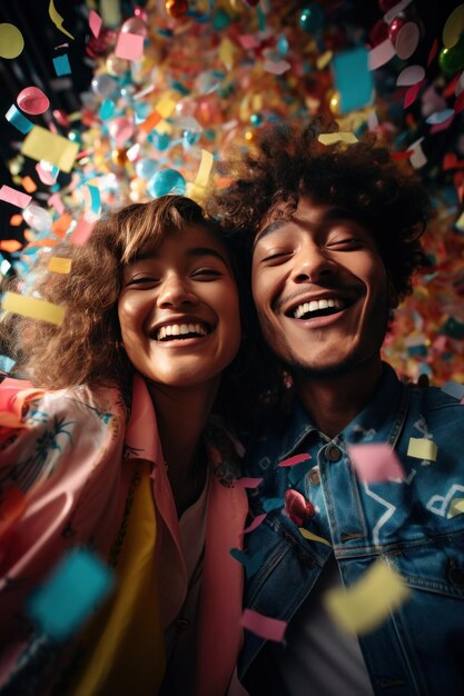 Foto facce sorridenti con popper di festa e streamers